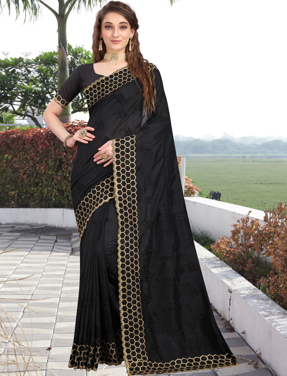 Black Vichitra Silk Embroidered Party Saree