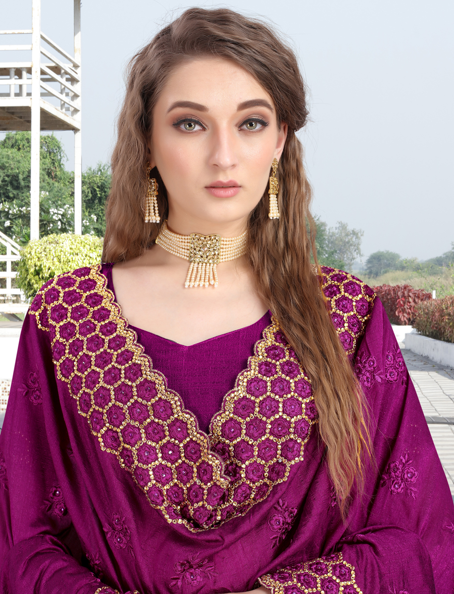 Purple Vichitra Silk Embroidered Party Saree