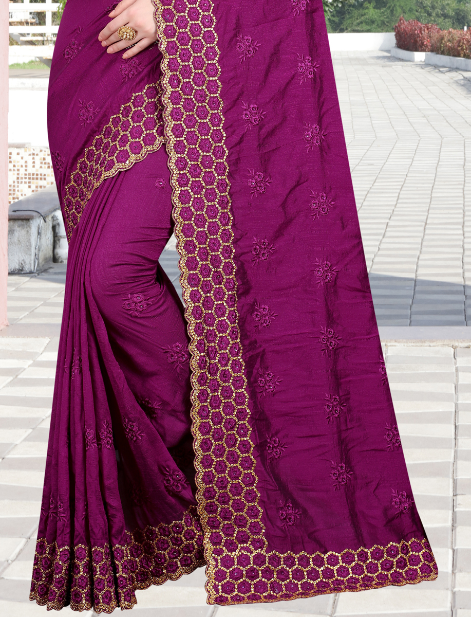 Purple Vichitra Silk Embroidered Party Saree