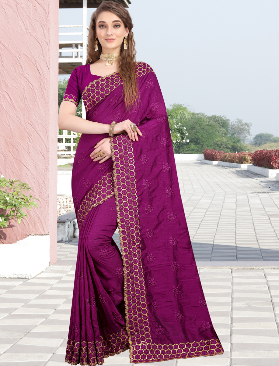 Purple Vichitra Silk Embroidered Party Saree