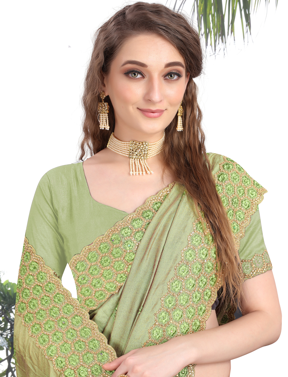 Light Green Vichitra Silk Embroidered Party Saree