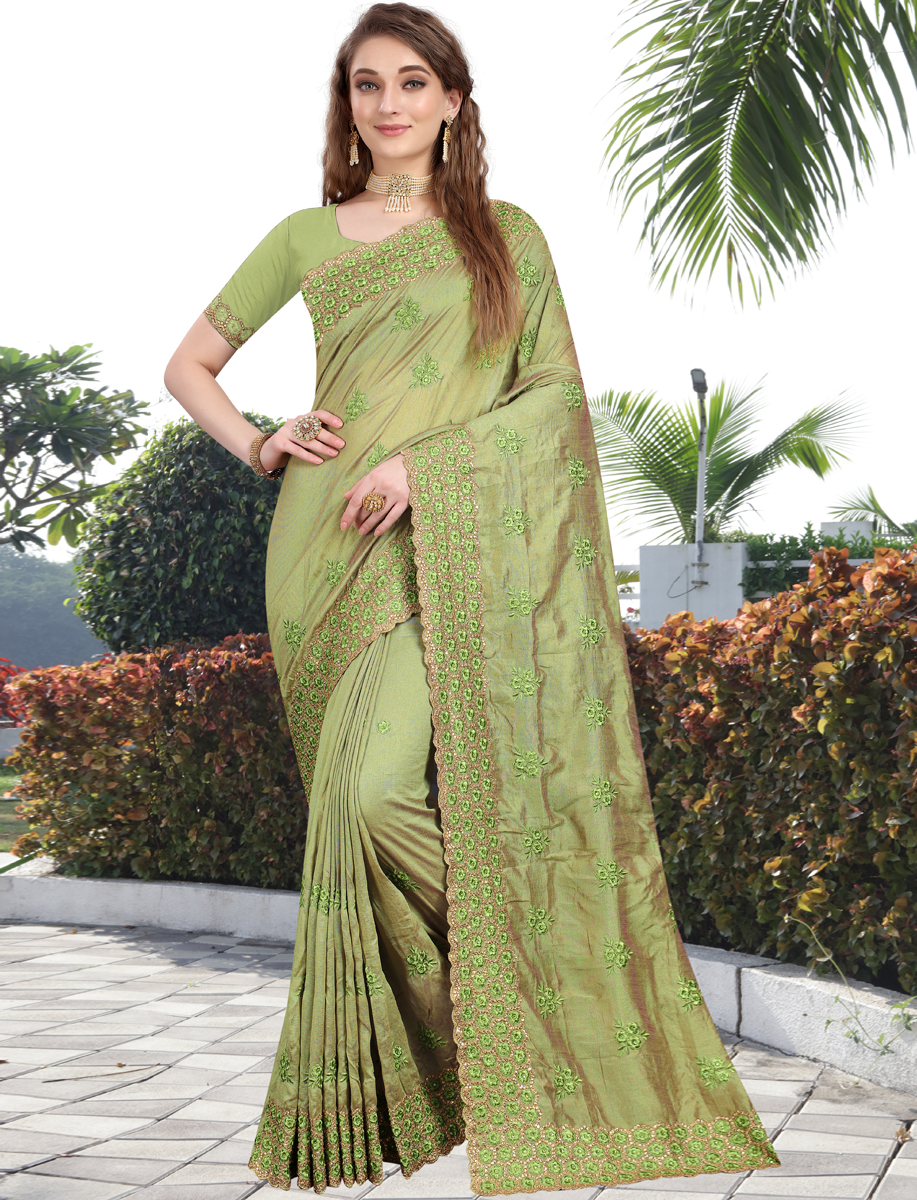 Light Green Vichitra Silk Embroidered Party Saree
