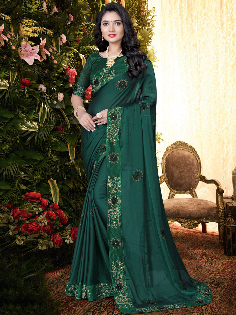 Hunter Green Rangoli Silk Embroidered Festival Saree