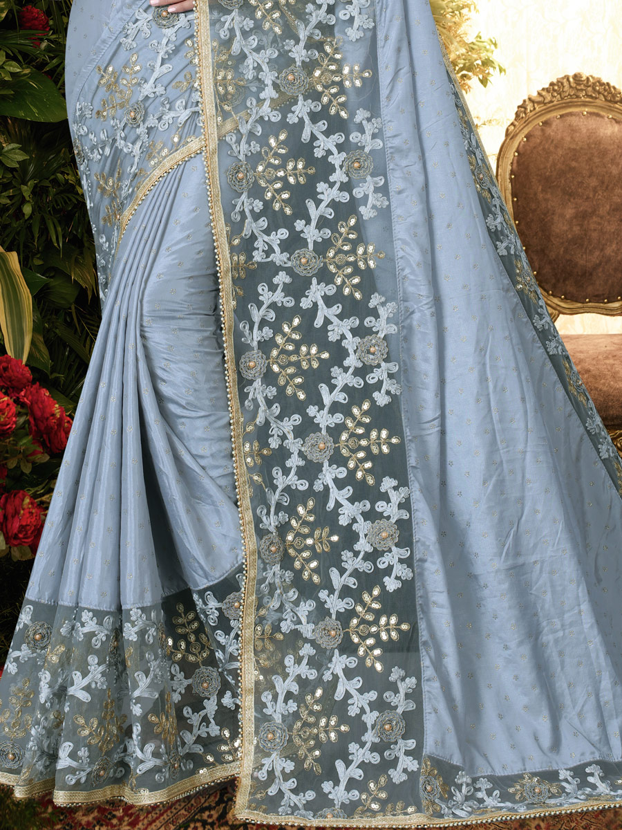 Carolina Blue Silk Embroidered Festival Saree