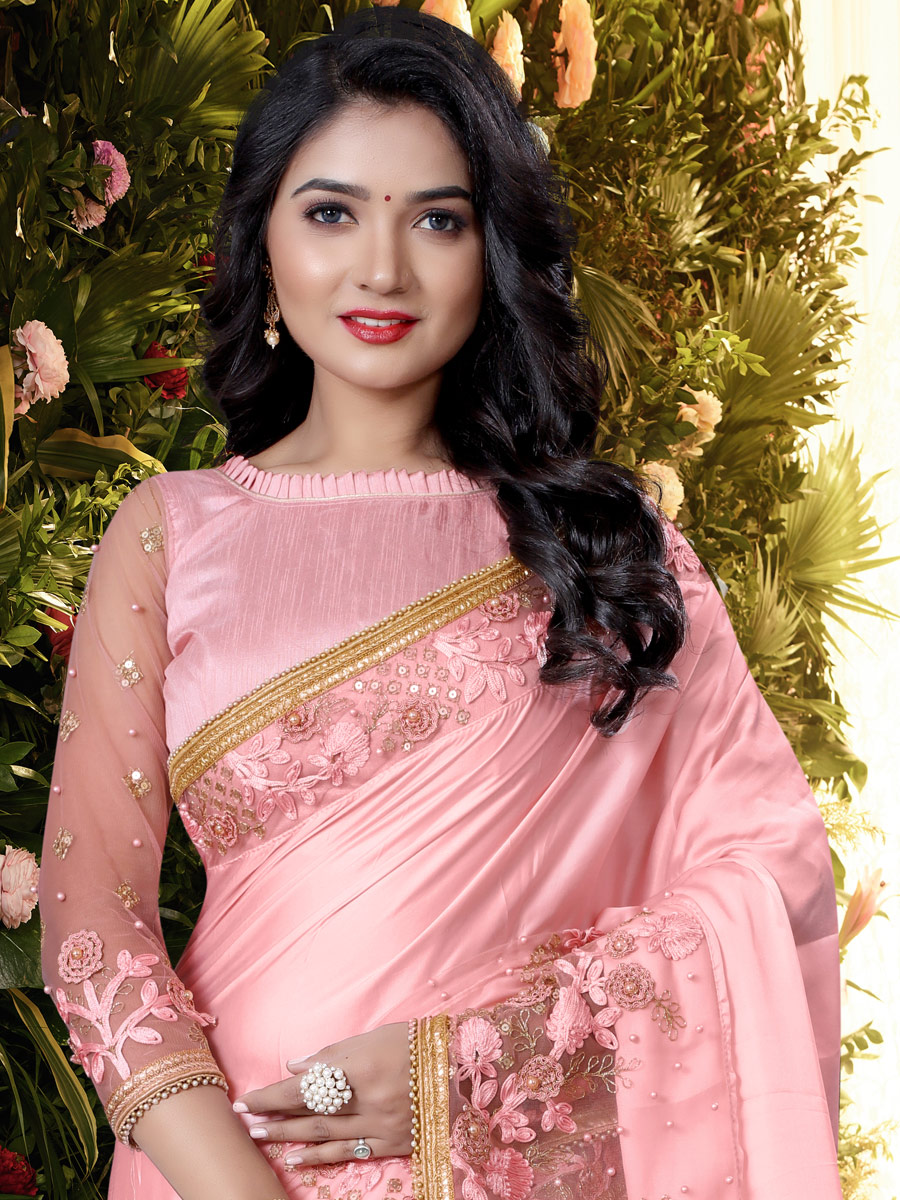 Salmon Pink Satin Embroidered Festival Saree