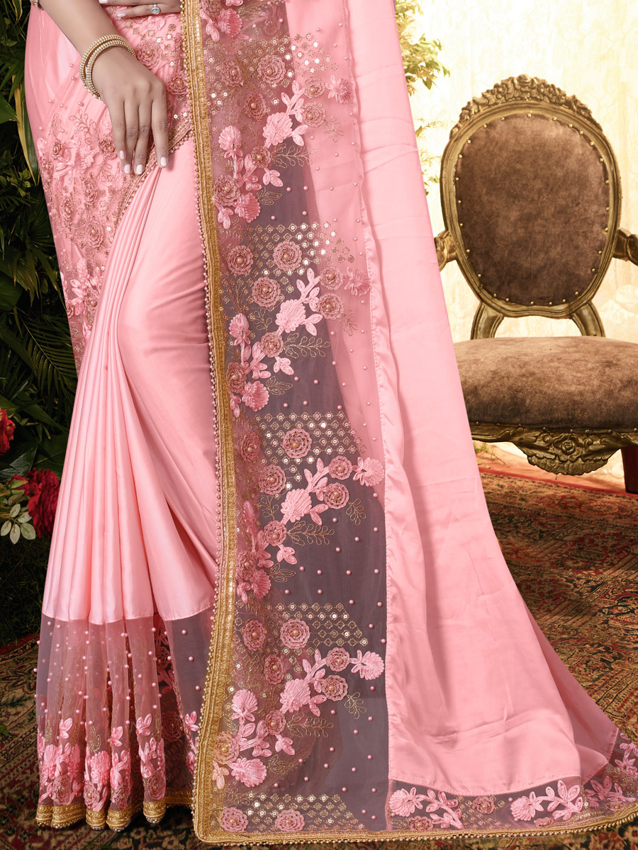 Salmon Pink Satin Embroidered Festival Saree