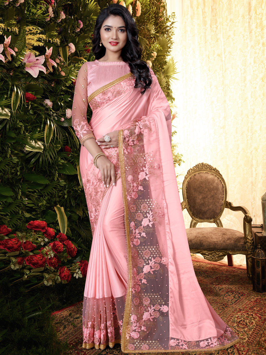 Salmon Pink Satin Embroidered Festival Saree
