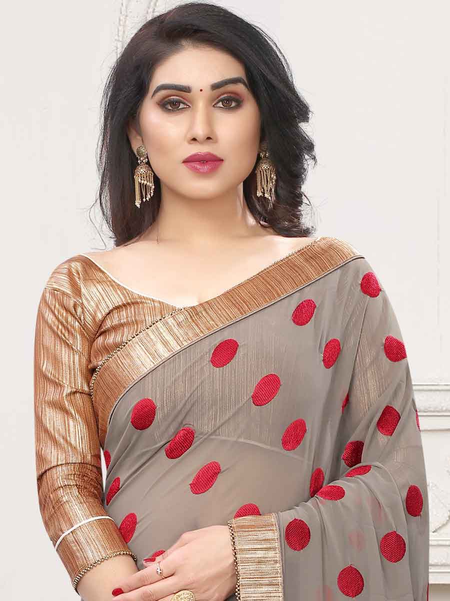 Gray and Red Faux Georgette Embroidered Party Saree