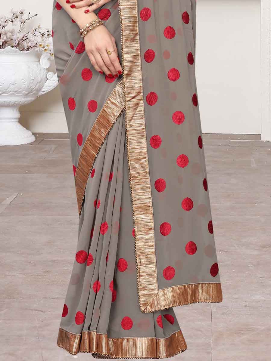 Gray and Red Faux Georgette Embroidered Party Saree