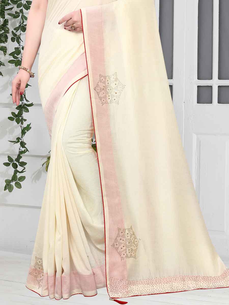 Off-White Vichitra Silk Plain Party Saree