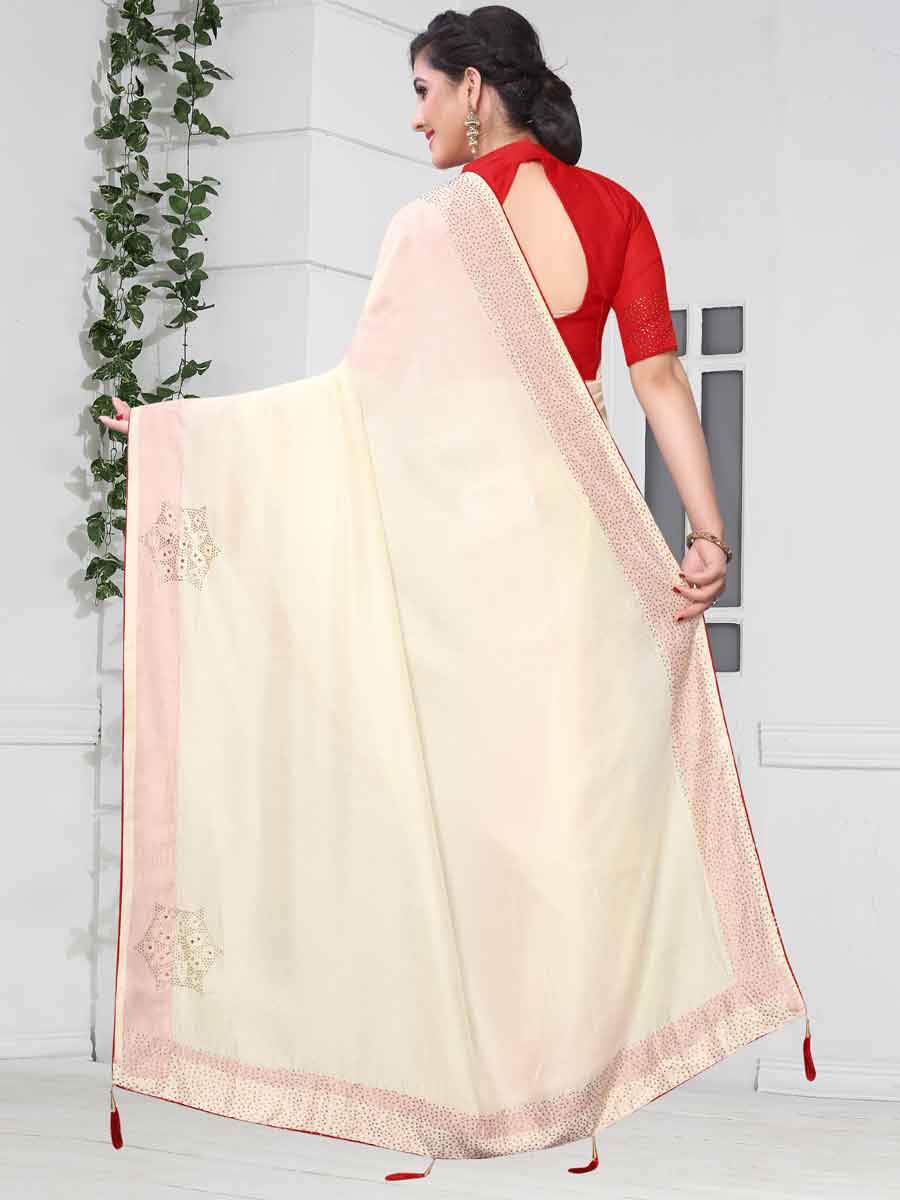 Off-White Vichitra Silk Plain Party Saree