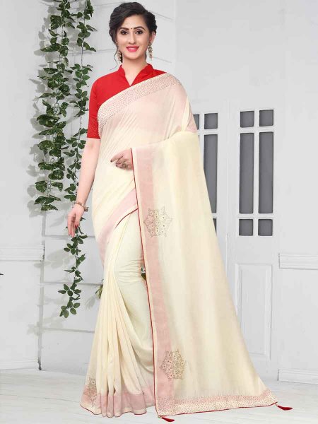 Off-White Vichitra Silk Plain Party Saree