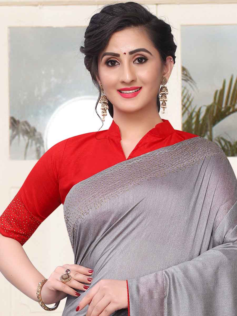 Gray Vichitra Silk Plain Party Saree