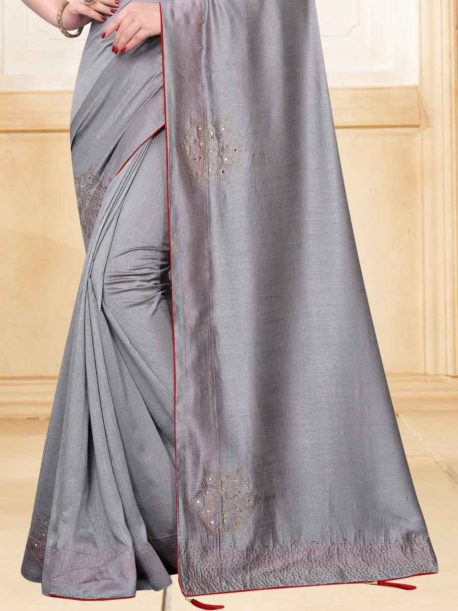 Gray Vichitra Silk Plain Party Saree