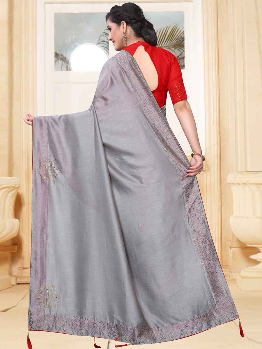 Gray Vichitra Silk Plain Party Saree