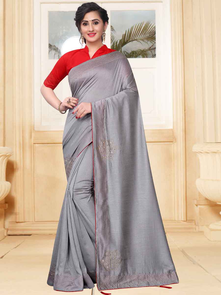 Gray Vichitra Silk Plain Party Saree