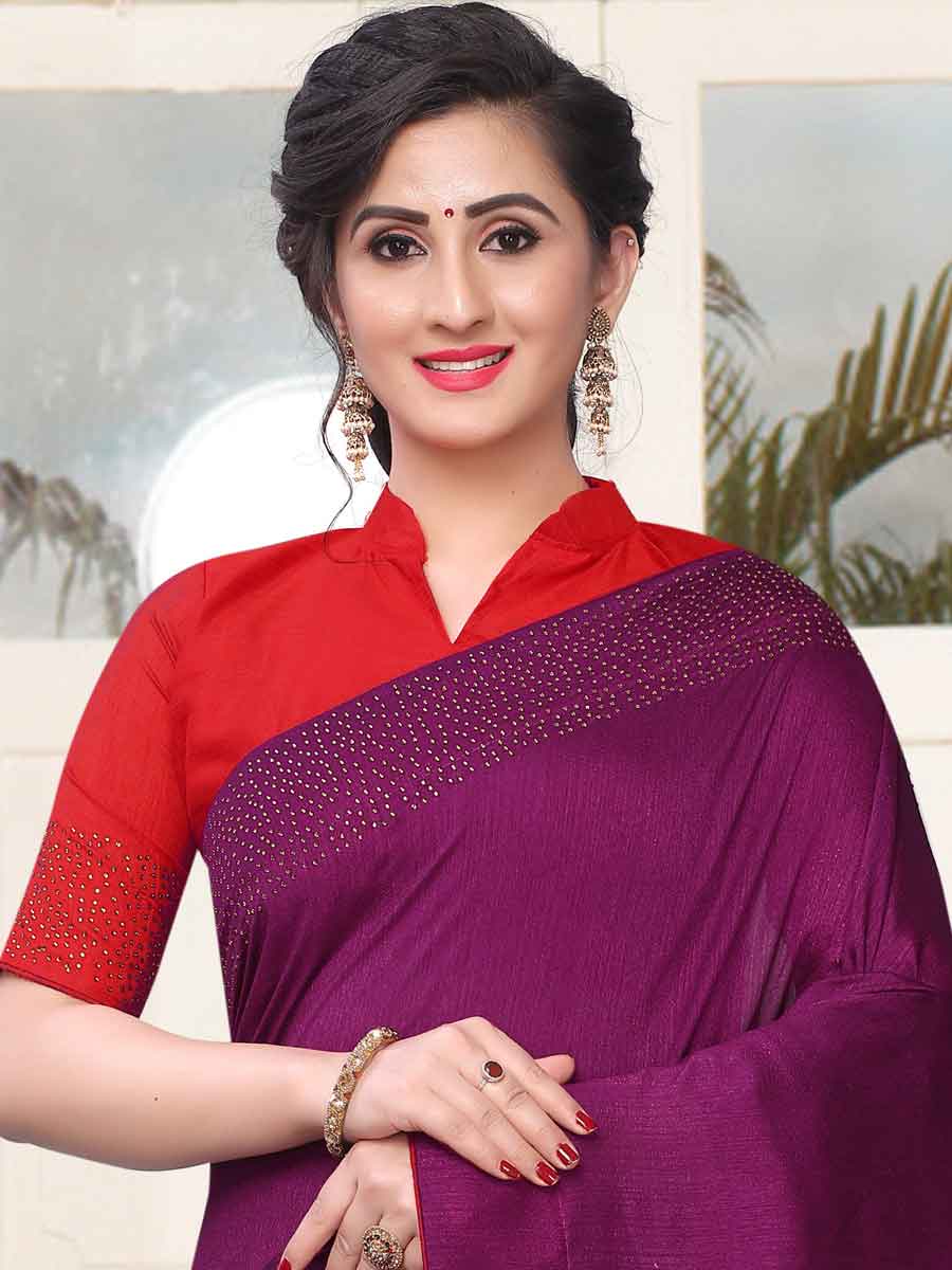 Wine Red Vichitra Silk Plain Party Saree