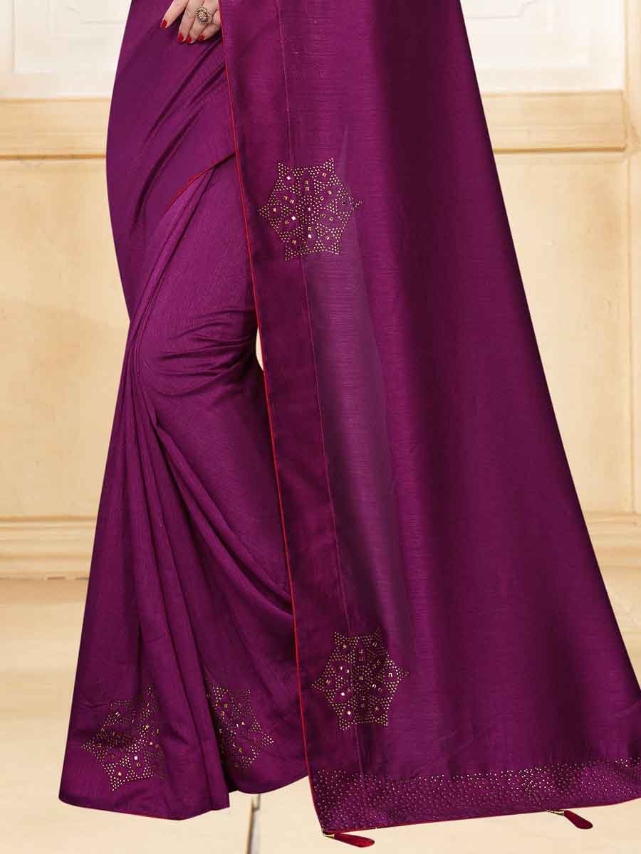 Wine Red Vichitra Silk Plain Party Saree