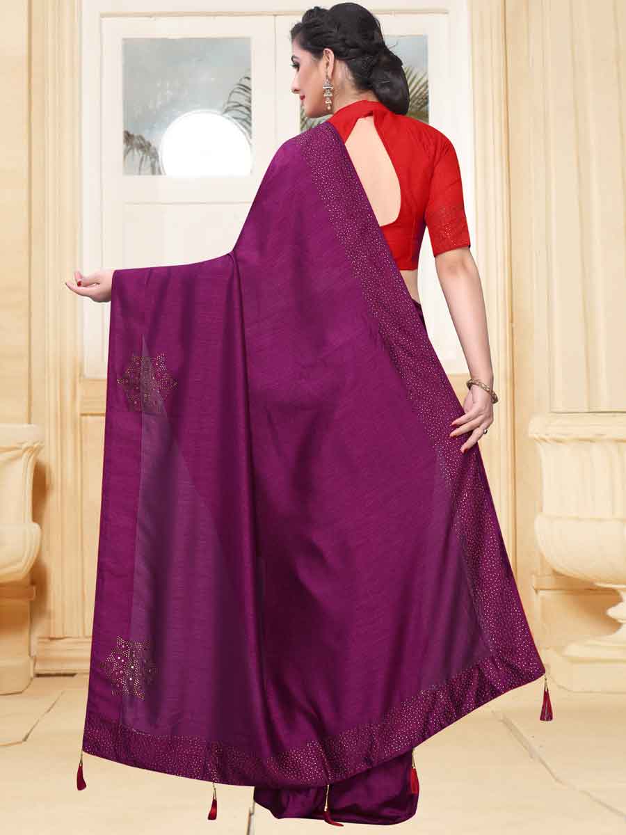 Wine Red Vichitra Silk Plain Party Saree