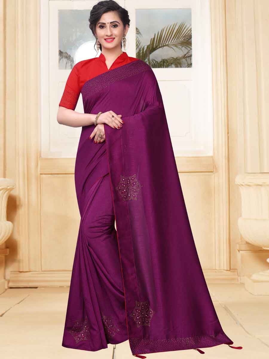 Wine Red Vichitra Silk Plain Party Saree
