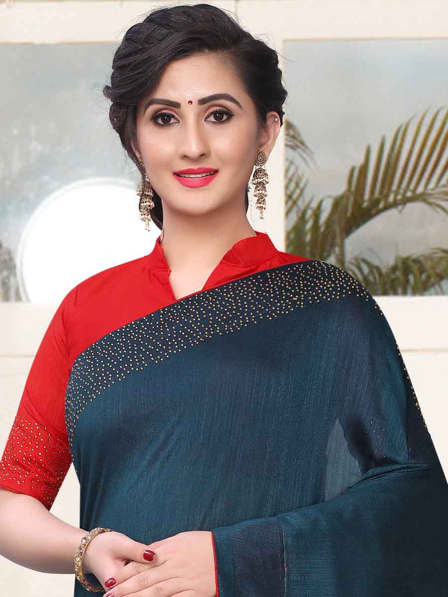Midnight Green Vichitra Silk Plain Party Saree