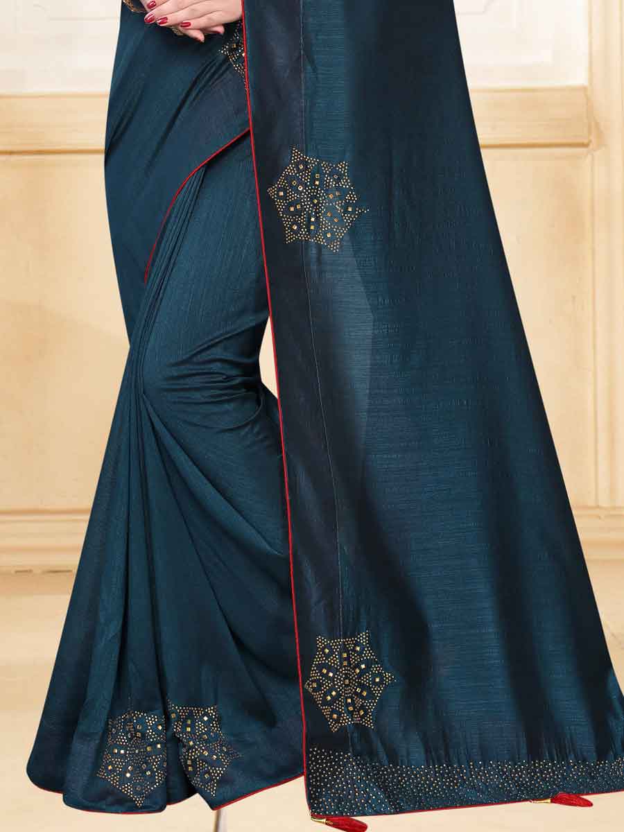 Midnight Green Vichitra Silk Plain Party Saree