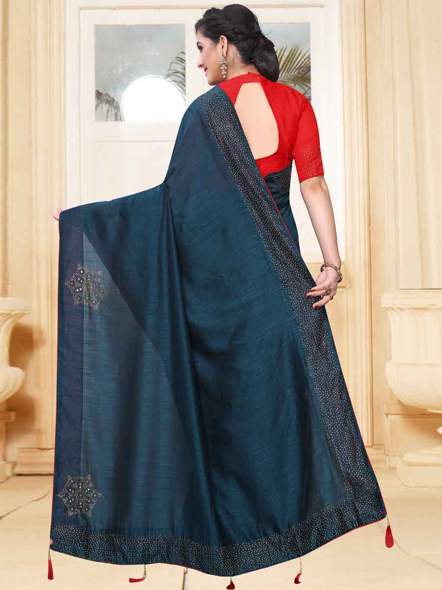 Midnight Green Vichitra Silk Plain Party Saree