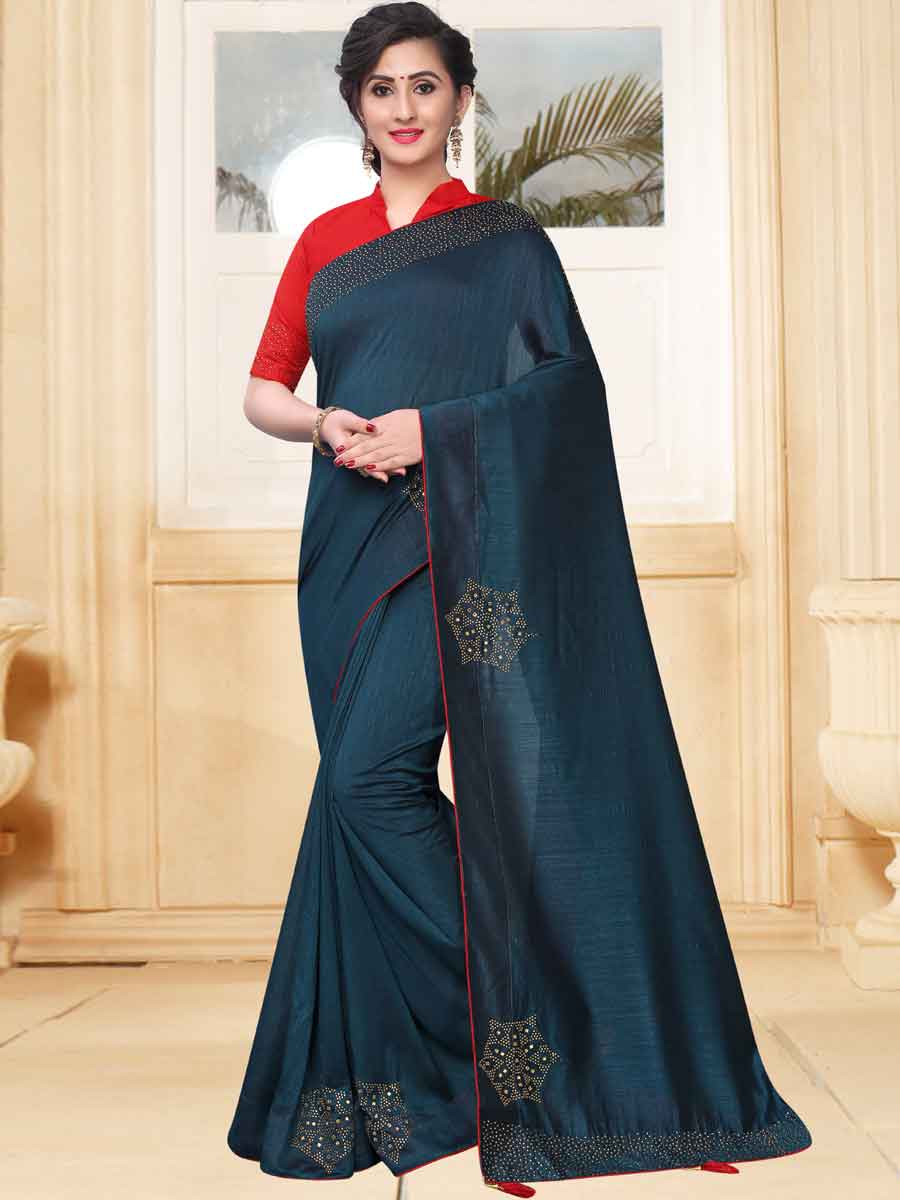 Midnight Green Vichitra Silk Plain Party Saree