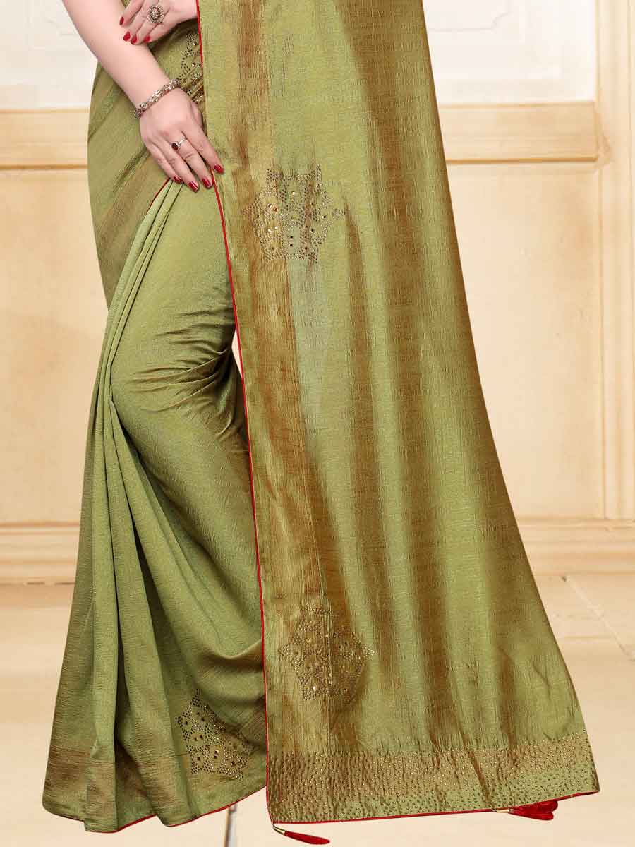 Asparagus Green Vichitra Silk Plain Party Saree