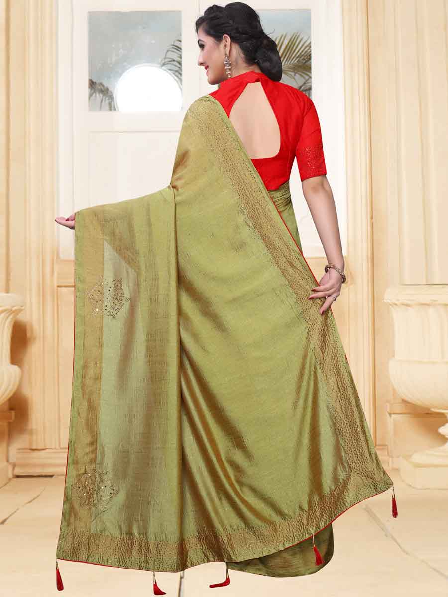 Asparagus Green Vichitra Silk Plain Party Saree