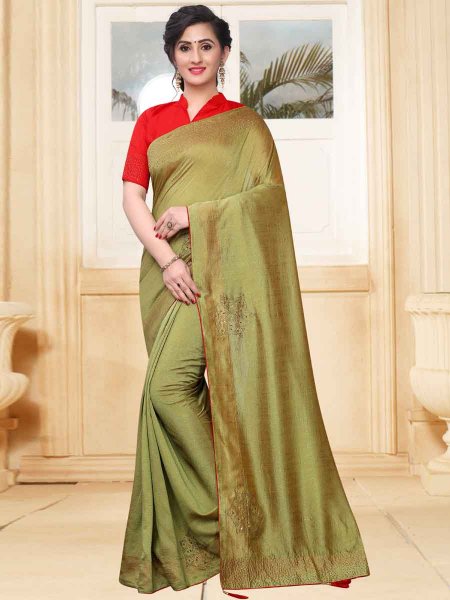 Asparagus Green Vichitra Silk Plain Party Saree