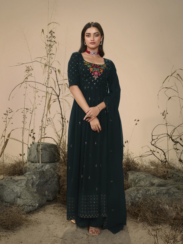 Dark Olive Georgette Embroidered Festival Wedding Anarkali Salwar Kameez