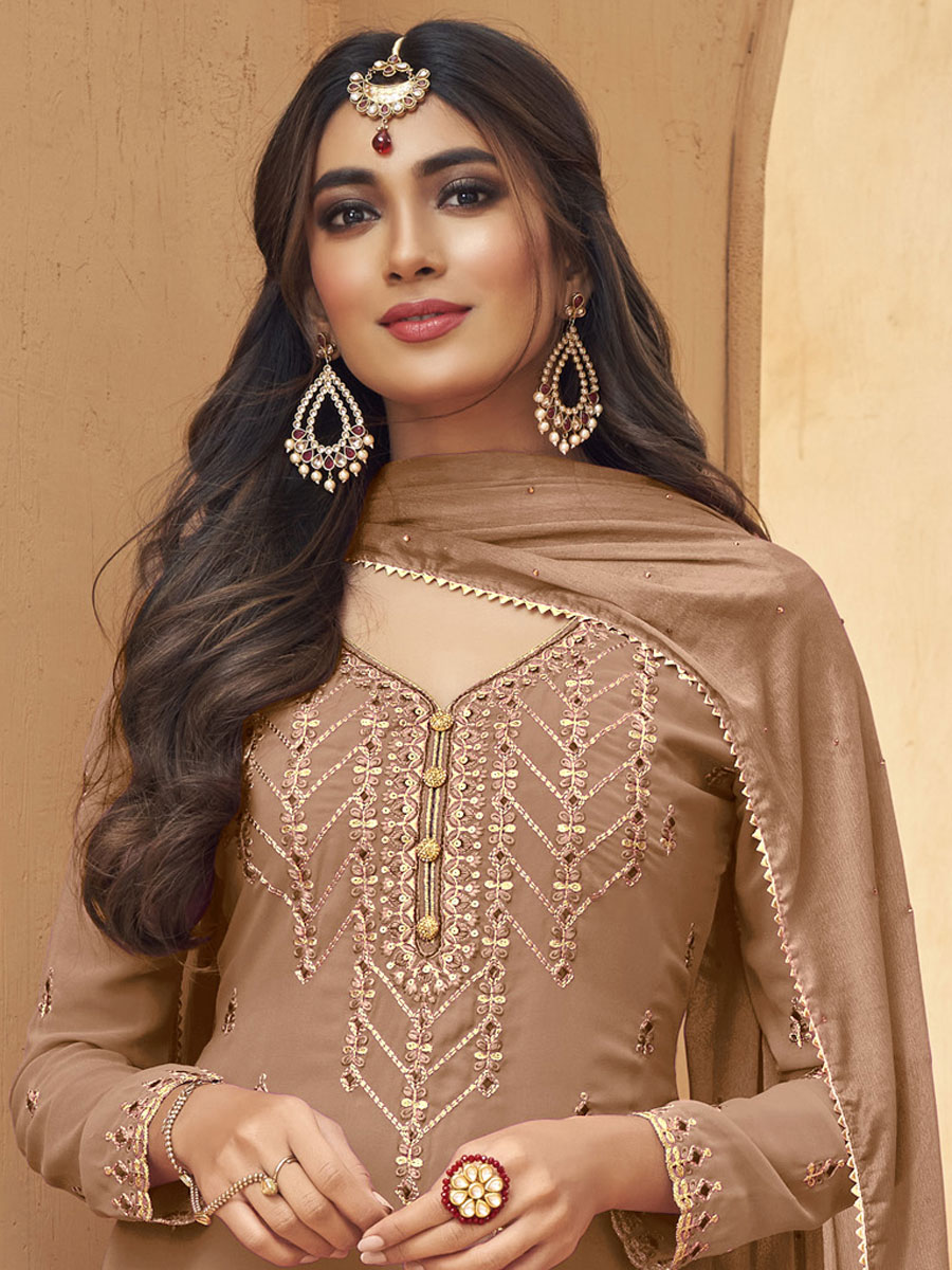 Beige Yellow Faux Georgette Embroidered Party Palazzo Pant Kameez