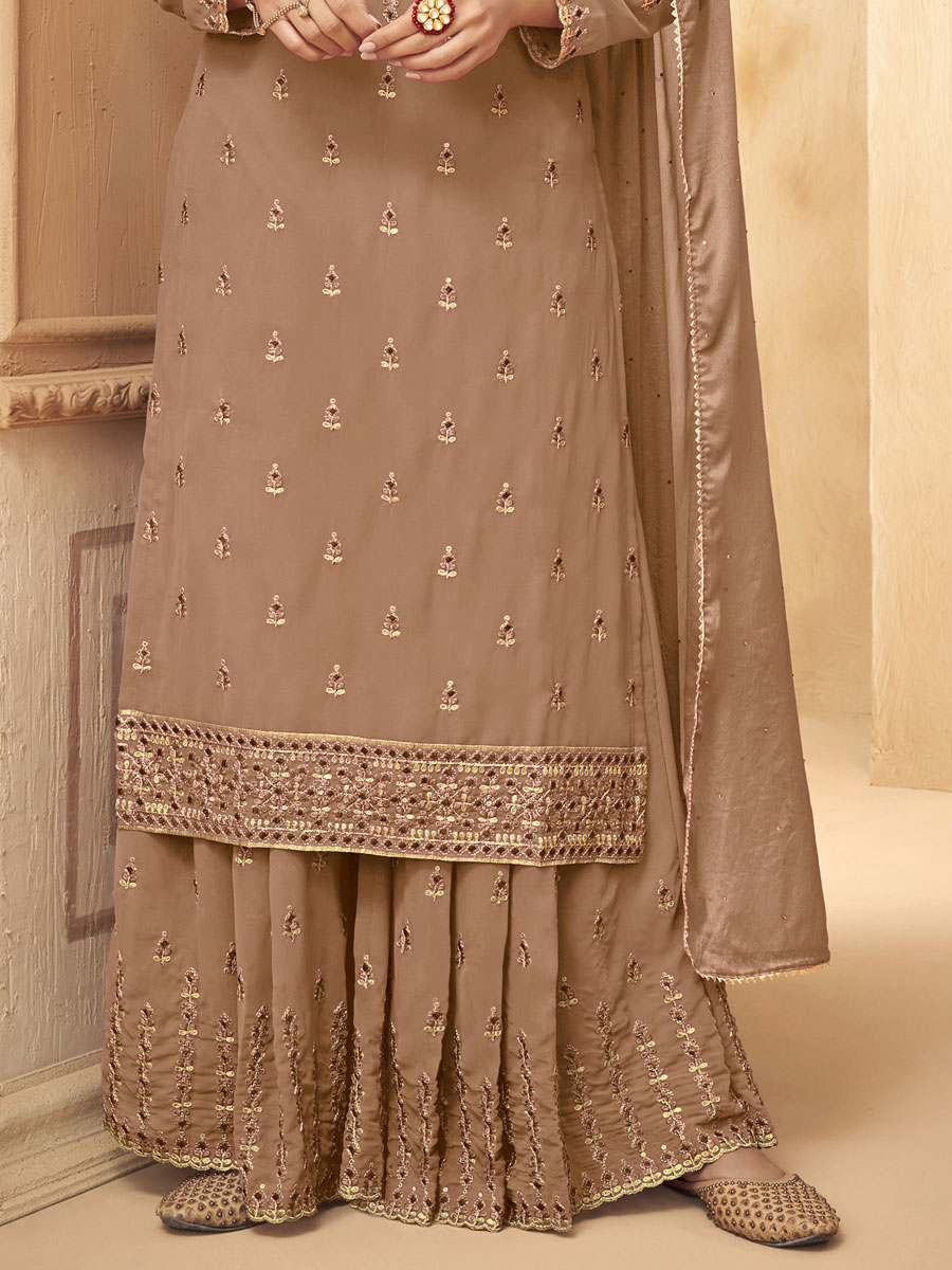 Beige Yellow Faux Georgette Embroidered Party Palazzo Pant Kameez