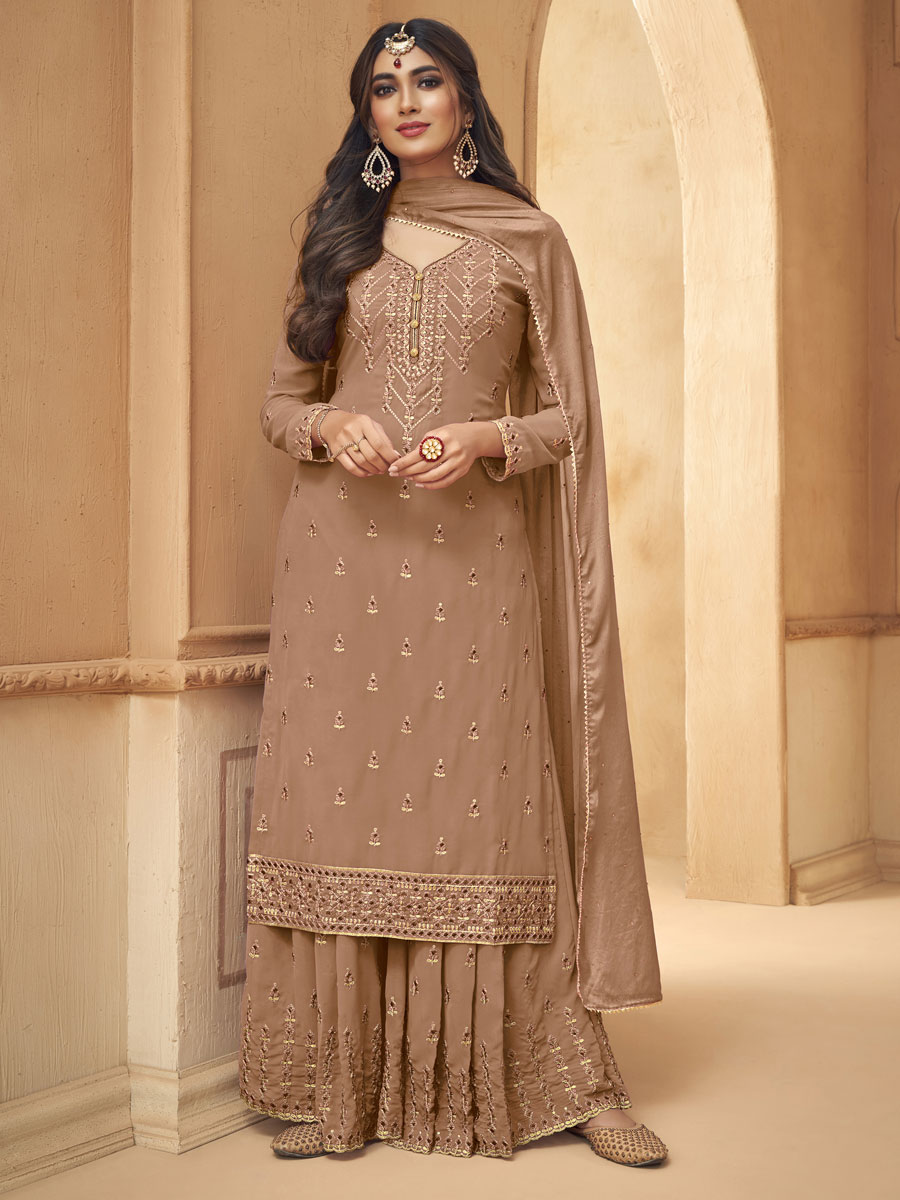 Beige Yellow Faux Georgette Embroidered Party Palazzo Pant Kameez