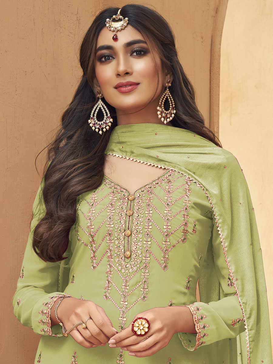 Tea Green Faux Georgette Embroidered Party Palazzo Pant Kameez