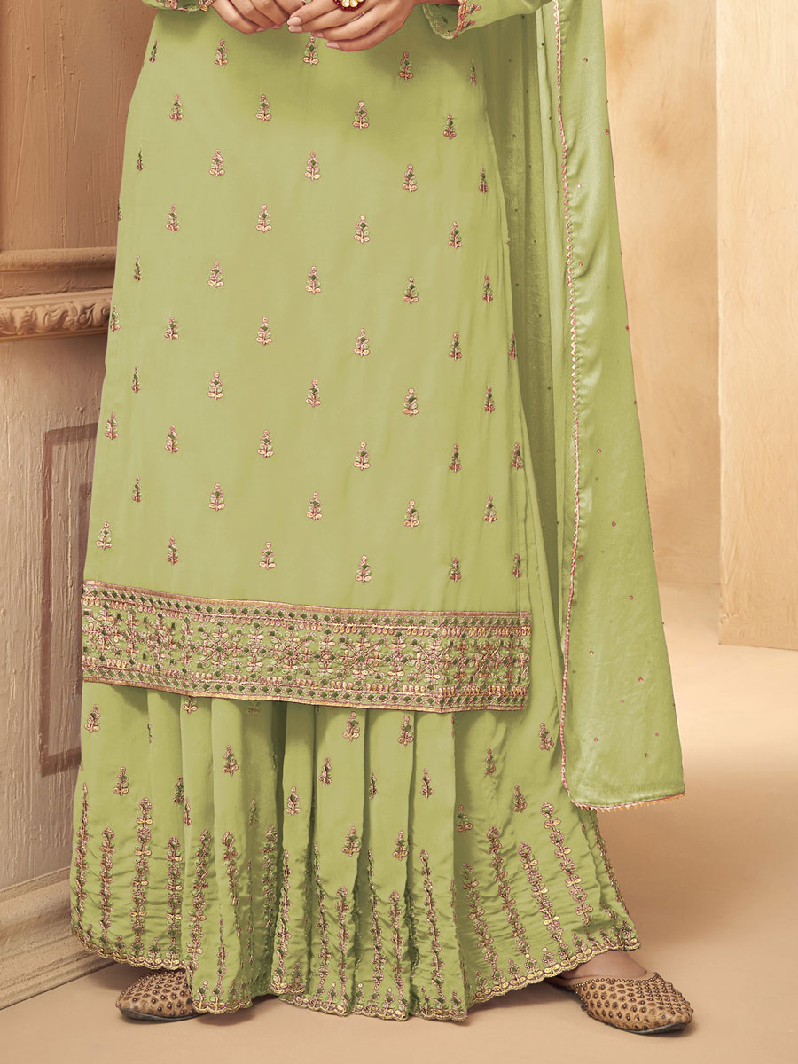 Tea Green Faux Georgette Embroidered Party Palazzo Pant Kameez