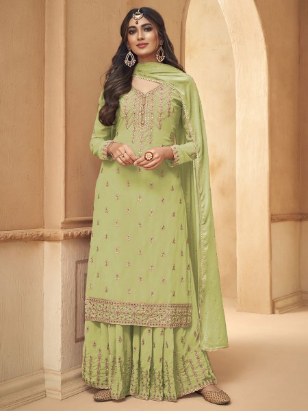 Tea Green Faux Georgette Embroidered Party Palazzo Pant Kameez