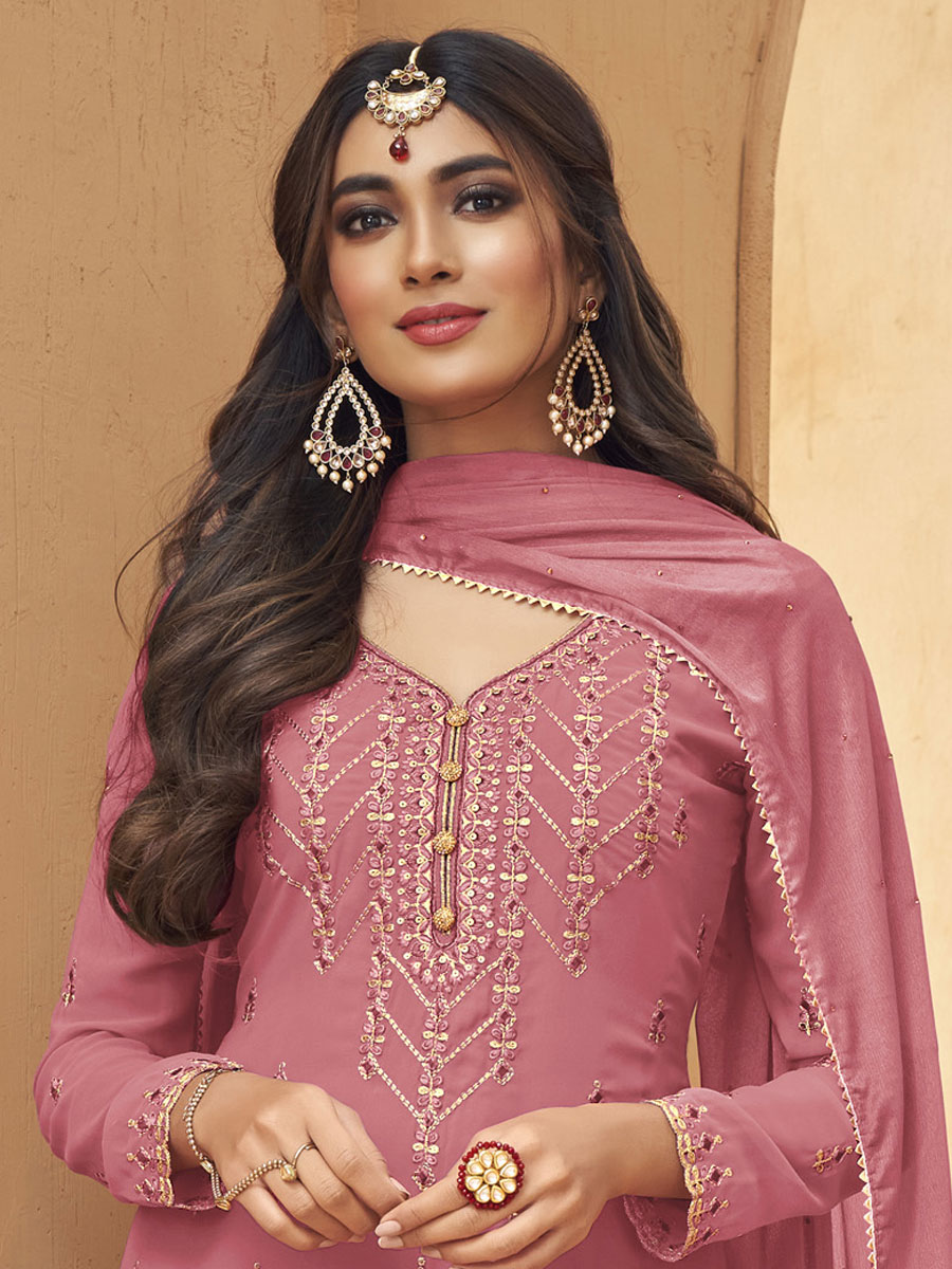 Thulian Pink Faux Georgette Embroidered Party Palazzo Pant Kameez