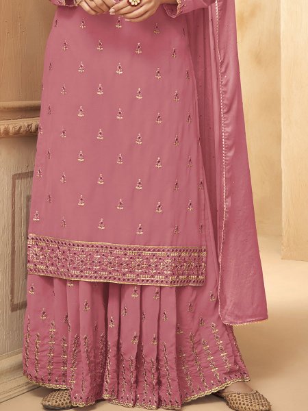 Thulian Pink Faux Georgette Embroidered Party Palazzo Pant Kameez