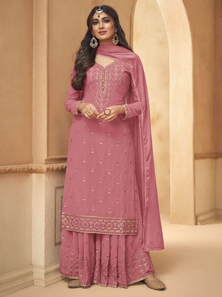 Thulian Pink Faux Georgette Embroidered Party Palazzo Pant Kameez