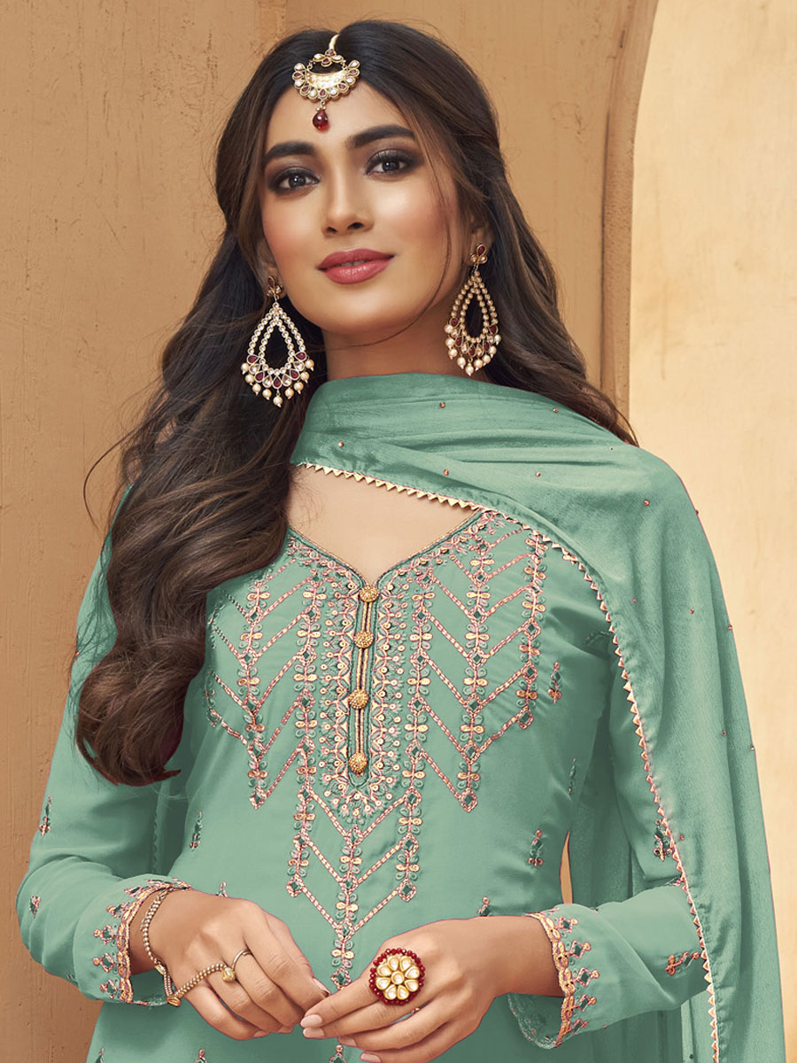 Celadon Green Faux Georgette Embroidered Party Palazzo Pant Kameez