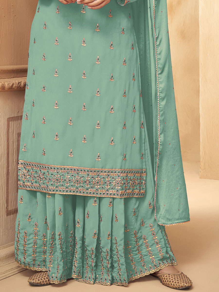 Celadon Green Faux Georgette Embroidered Party Palazzo Pant Kameez
