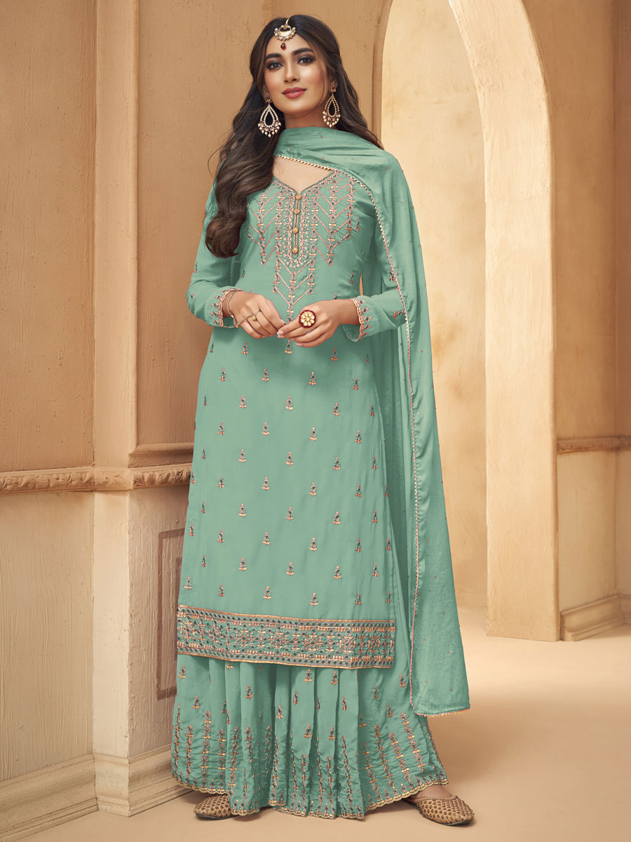 Celadon Green Faux Georgette Embroidered Party Palazzo Pant Kameez