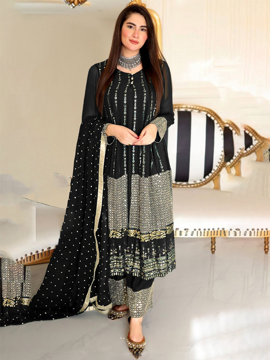 Black Faux Georgette Embroidered Festival Wedding Palazzo Pant Salwar Kameez
