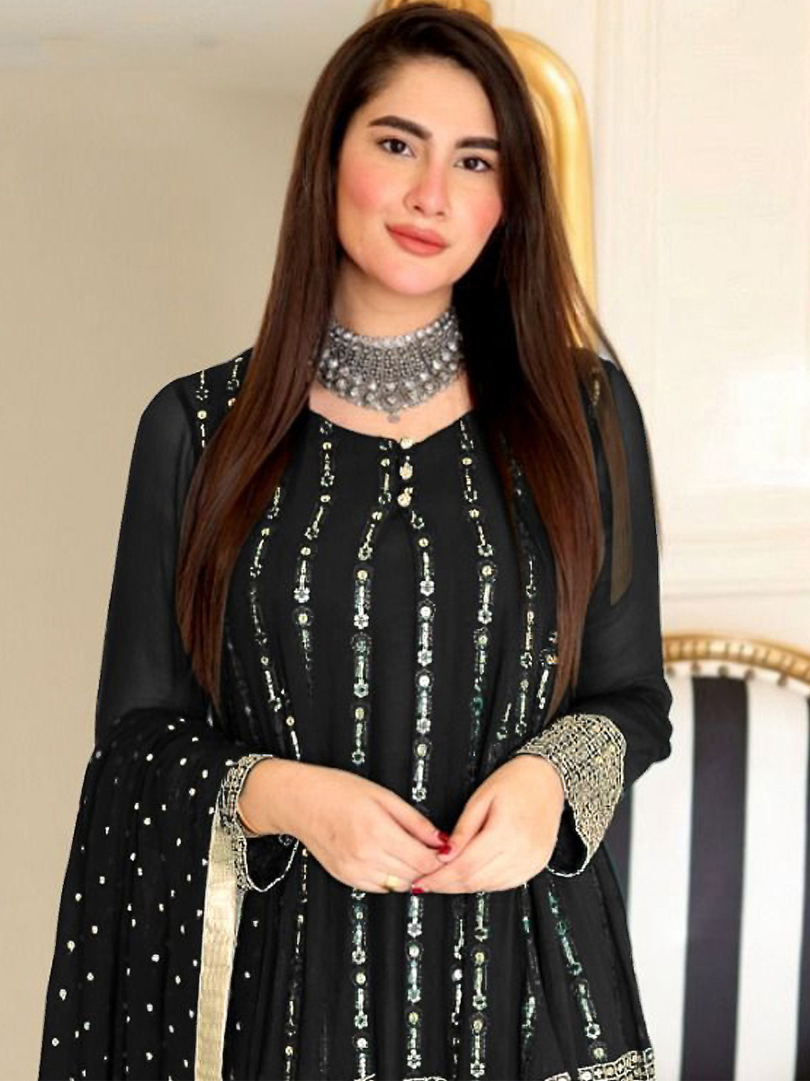 Black Faux Georgette Embroidered Festival Wedding Palazzo Pant Salwar Kameez