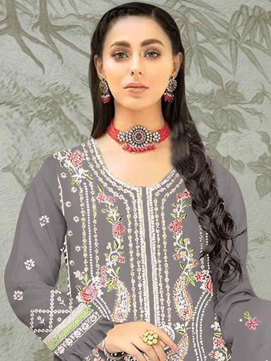 Dark Grey Organza Embroidered Festival Mehendi Pant Salwar Kameez