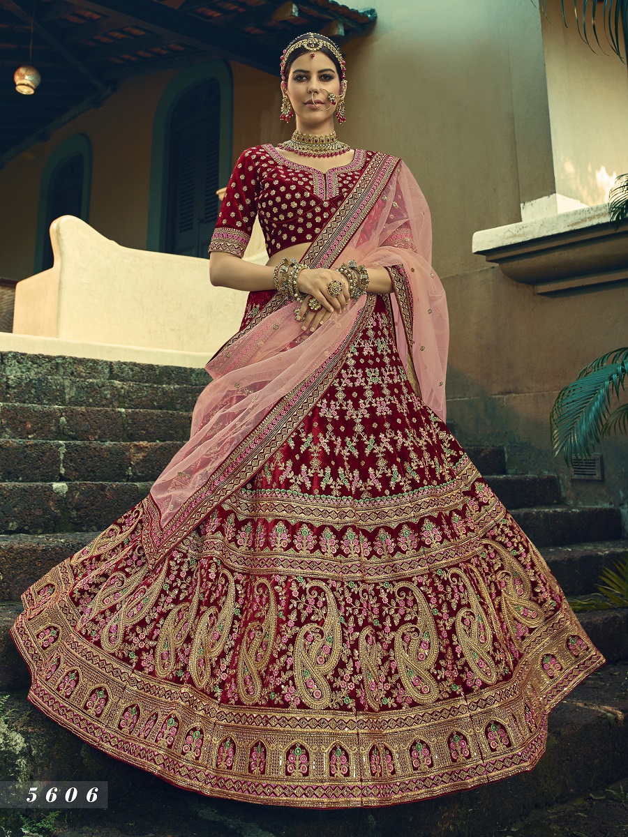 Maroon Velvet Embroidered Bridal Lehenga Choli