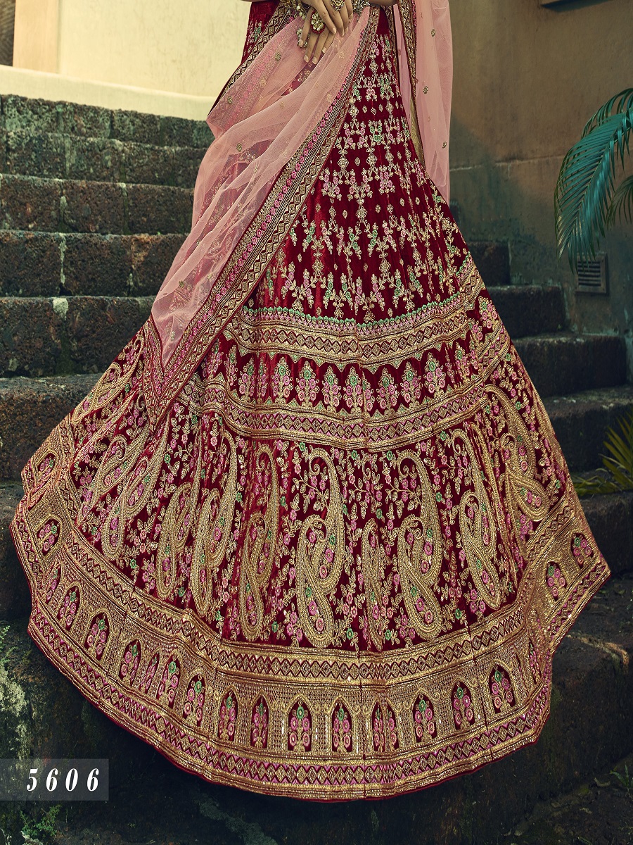 Maroon Velvet Embroidered Bridal Lehenga Choli