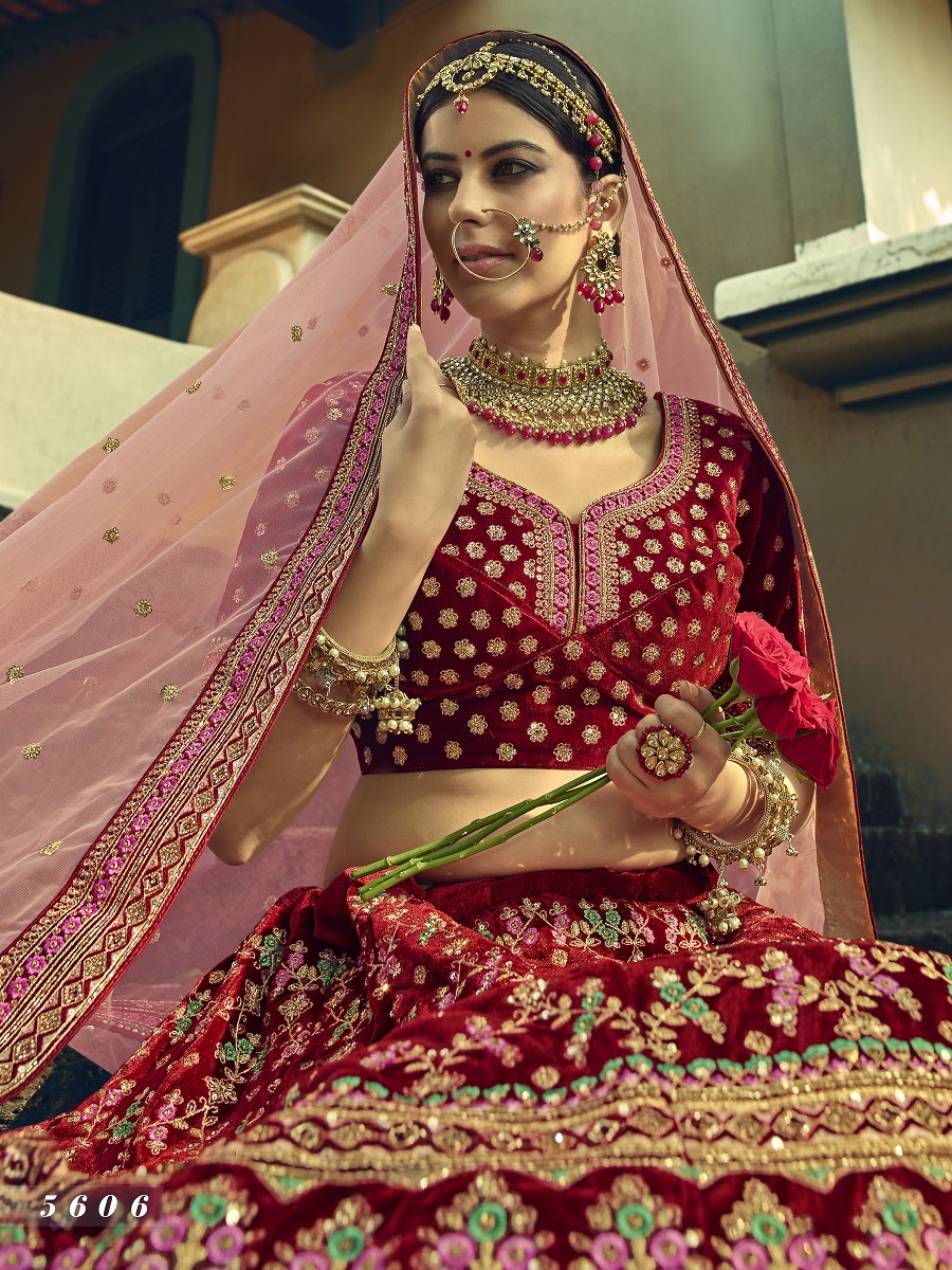 Maroon Velvet Embroidered Bridal Lehenga Choli